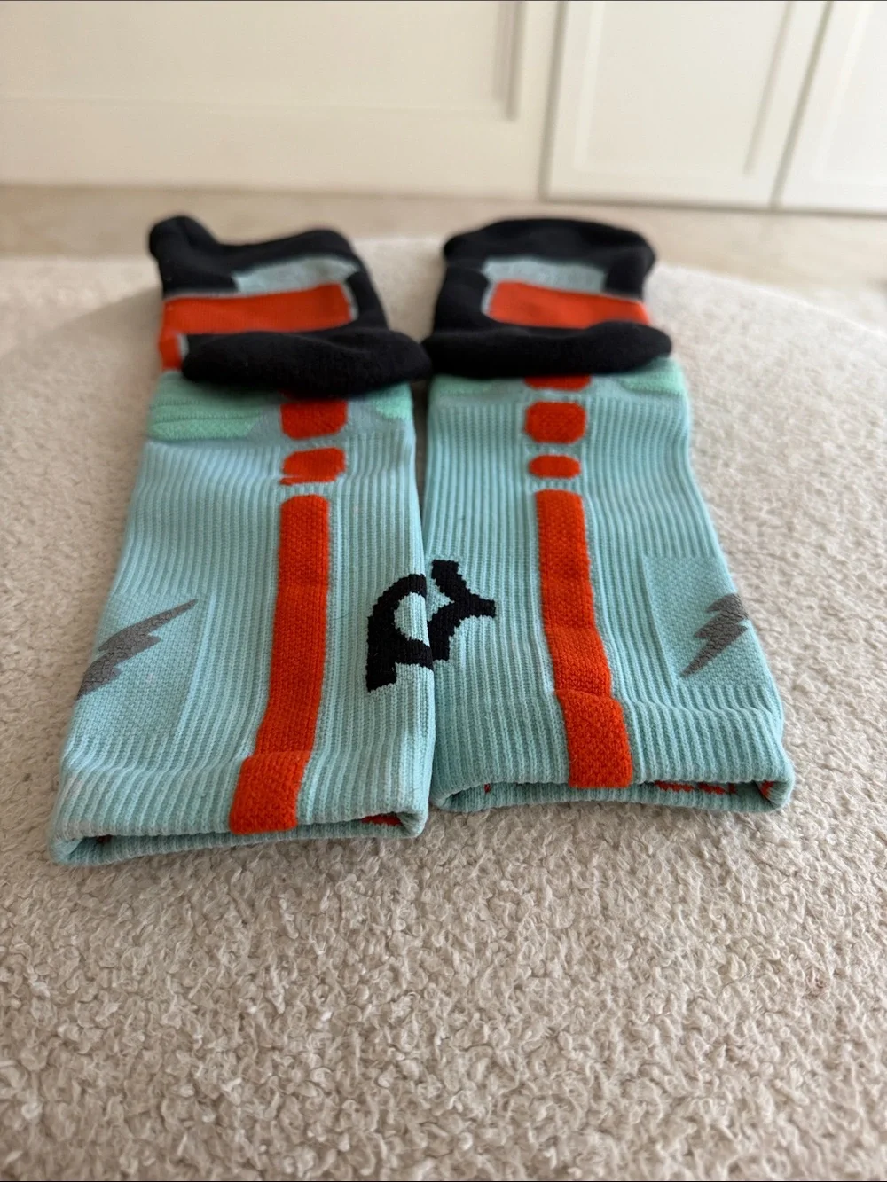 Nike KD kids Mint Green and Black Athletic Crew Socks with Orange Accents